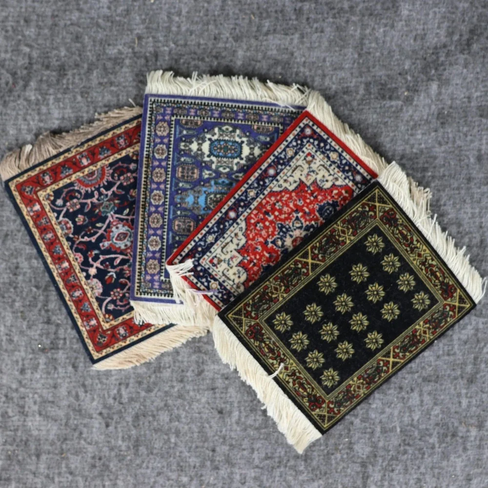CoasterRug Mini Rug Drink Coasters Set Of 4 Multicolor Medallion Fabric Rubber